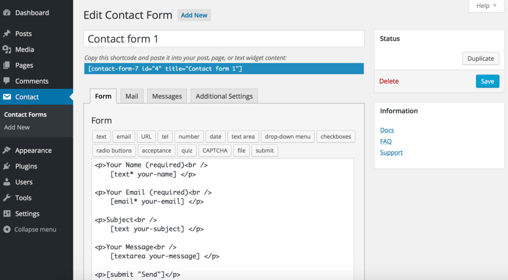 Contact Form 7 interface for creating forms in WordPress